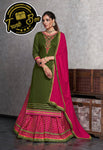 Olive Green Embroidered Kurta with Pink skirt & Dupatta