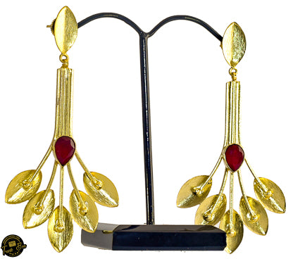 Golden Leaf style Earnings with Faux Ruby Stone