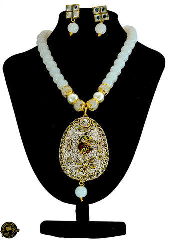 White Bead necklace set with Stonework Peacock Pendant