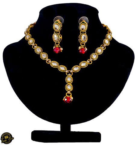 Kundan String necklace with Earrings with Red Accent Beads
